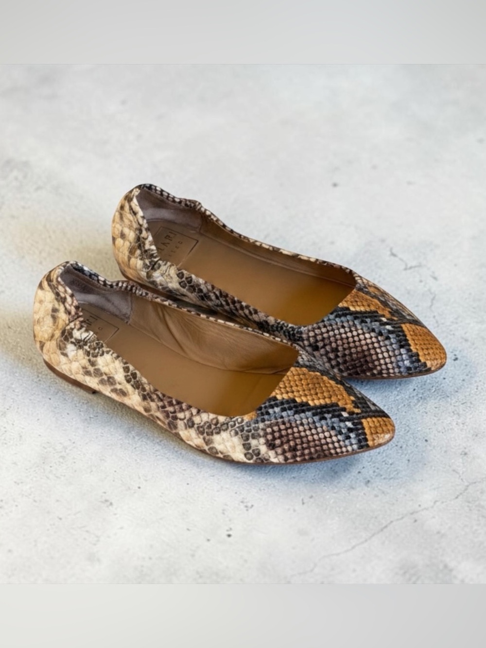 Kaari Blue Snake-Print Pointed Ballet Flats in Tan, Black & Brown